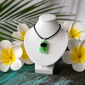 Bright green & black abstract flower fused glass pendant necklace Gift for her